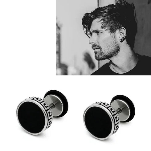 316L Surgical-Steel Greek Pattern Black Hypoallergenic Men & Women Stud Earrings